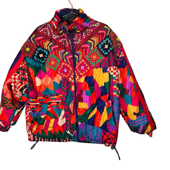 FARM RIO Crochet Patchwork Print Reversible Oversize Puffer Jacket Size Medium - Picture 6 of 16